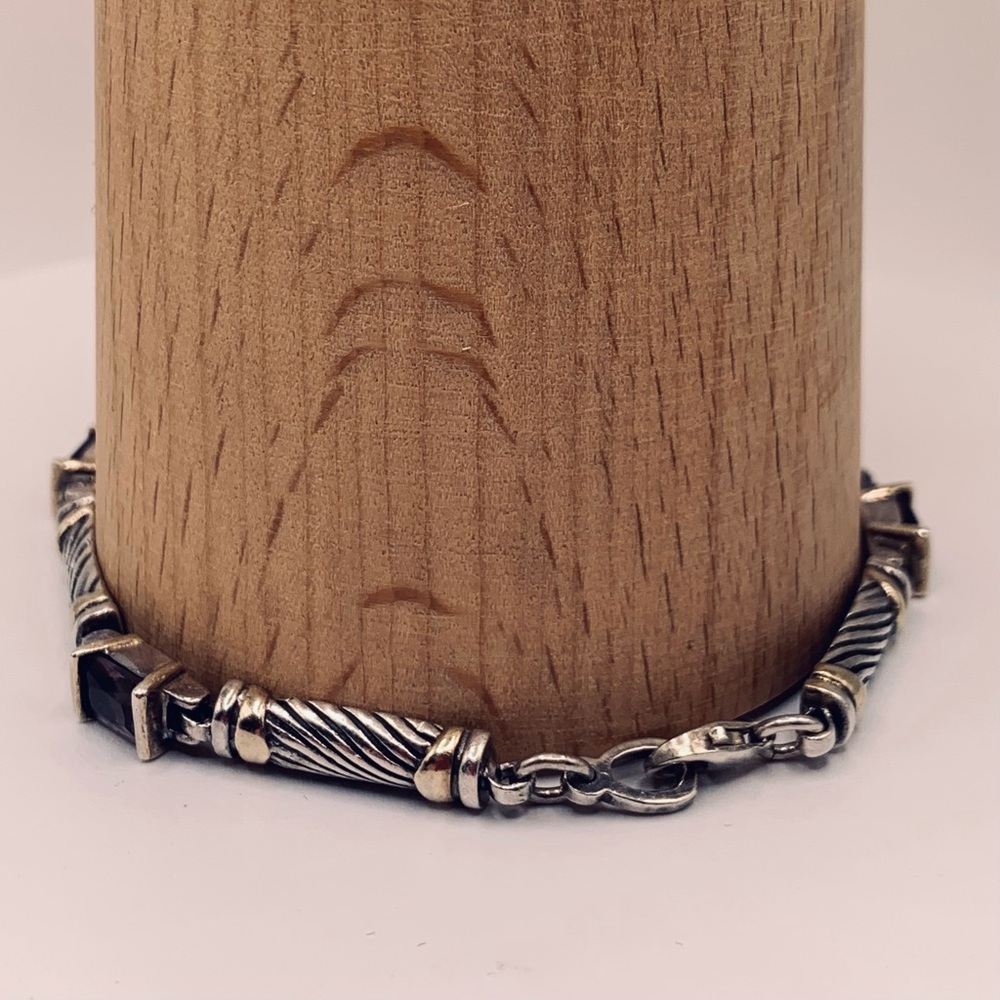 Bold Sterling Silver w/Faceted Emerald Cut Amethyst’s & Gold Accents Bracelet - Picture 5 of 16